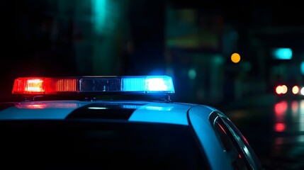 Closeup of Police Lights on Dark Street at Night