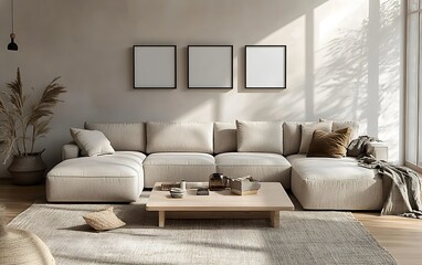 Sunlit living room with beige sectional sofa, wooden coffee table, and three blank frames on wall.
