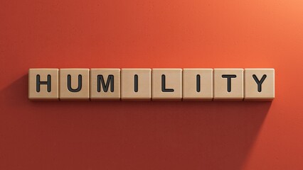 The word humility is written on wooden cubes.close up of wooden elements,Business Concept.3D rendering on red background.