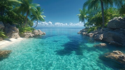 Idyllic tropical beach cove with crystal-clear turquoise water, palm trees, and rocky shores under a sunny sky.