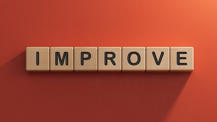 The word IMPROVE is made of wooden cubes.close up of wooden elements,Business Concept.3D rendering on red background.