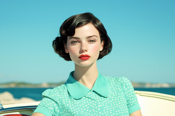 Retro 1960s style portriat woman sitting in a boat at summery coast.