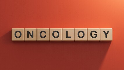 The word ONCOLOGY is written on wooden cubes. Medical concept.close up of wooden elements,Business Concept.3D rendering on red background.
