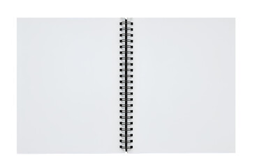 An open spiral notebook with blank white pages and black metal rings at the center.