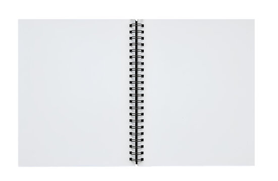 An open spiral notebook with blank white pages and black metal rings at the center.