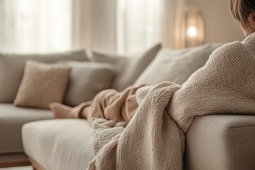 person in minimalist scandinavian living room relaxing on neutral-colored sofa