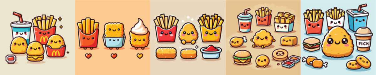 Collection of cute ready-to-eat food animation vectors