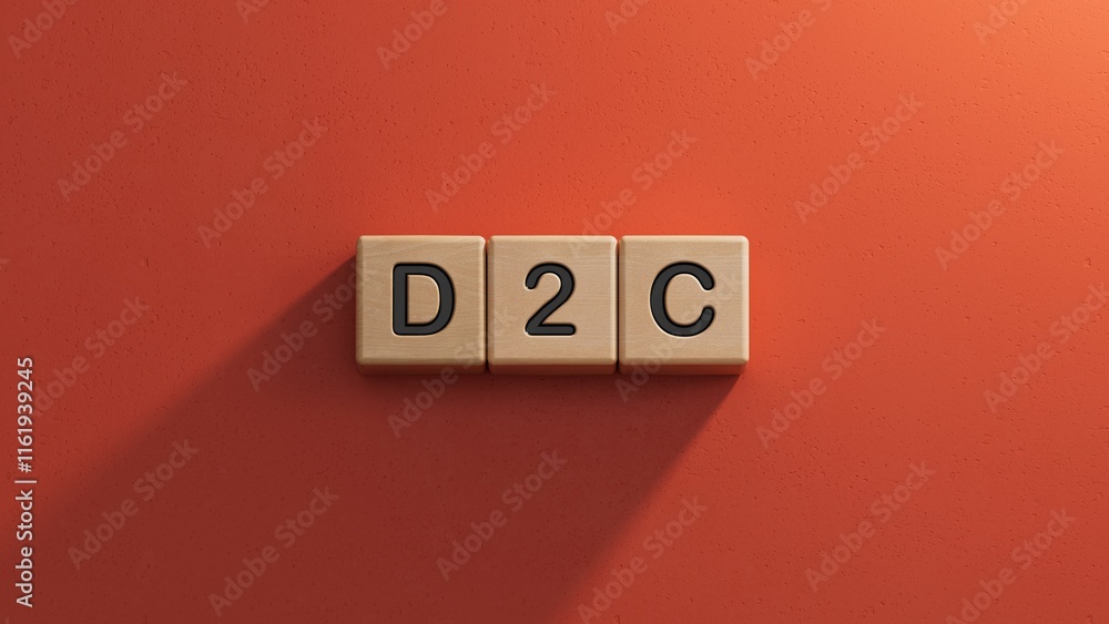 Poster three stone cubes, tables with the word d2c - acronim direct to consumer.close up of wooden elements