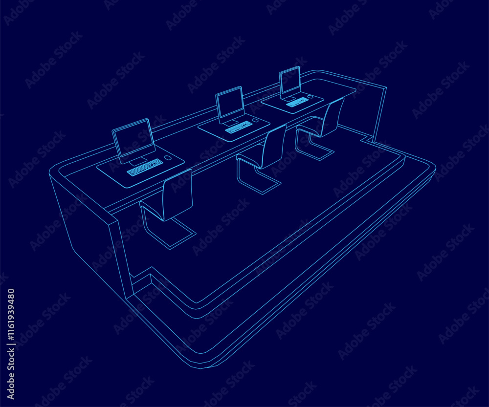 Aufkleber blue background with a drawing of a table with three laptops on it. the laptops contour
