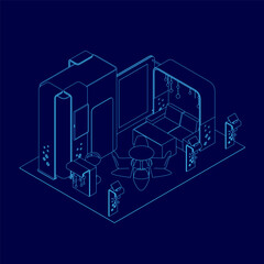 Blue drawing of a room with a table and chairs. The room is empty and has a modern design