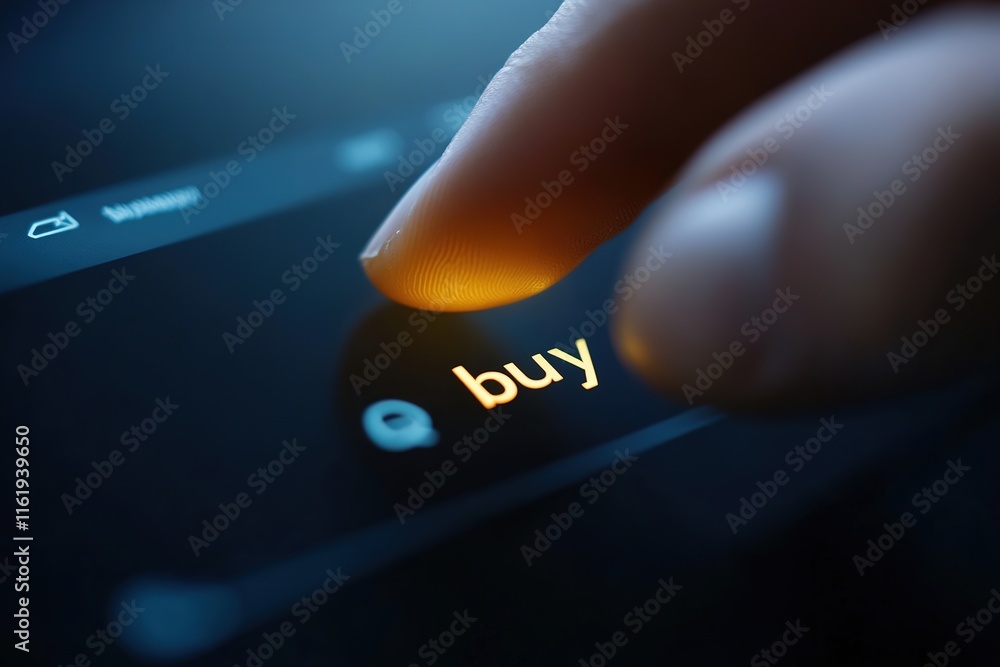 Poster close-up of finger clicking glowing buy button on dynamic stock trading app