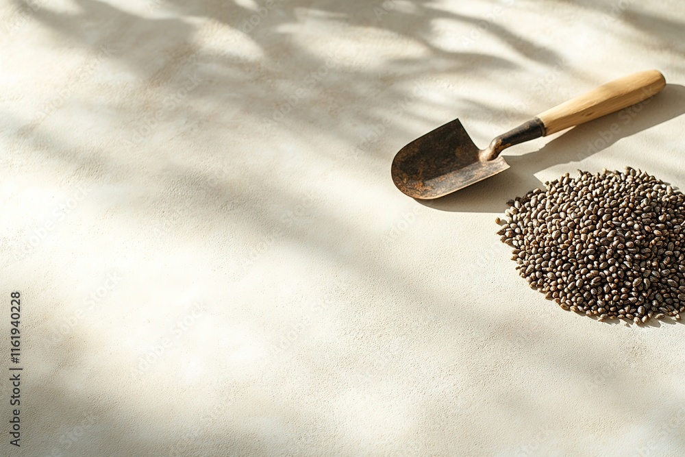 Poster collection of gardening seeds and small trowel placed on light surface surrounded by empty space cre