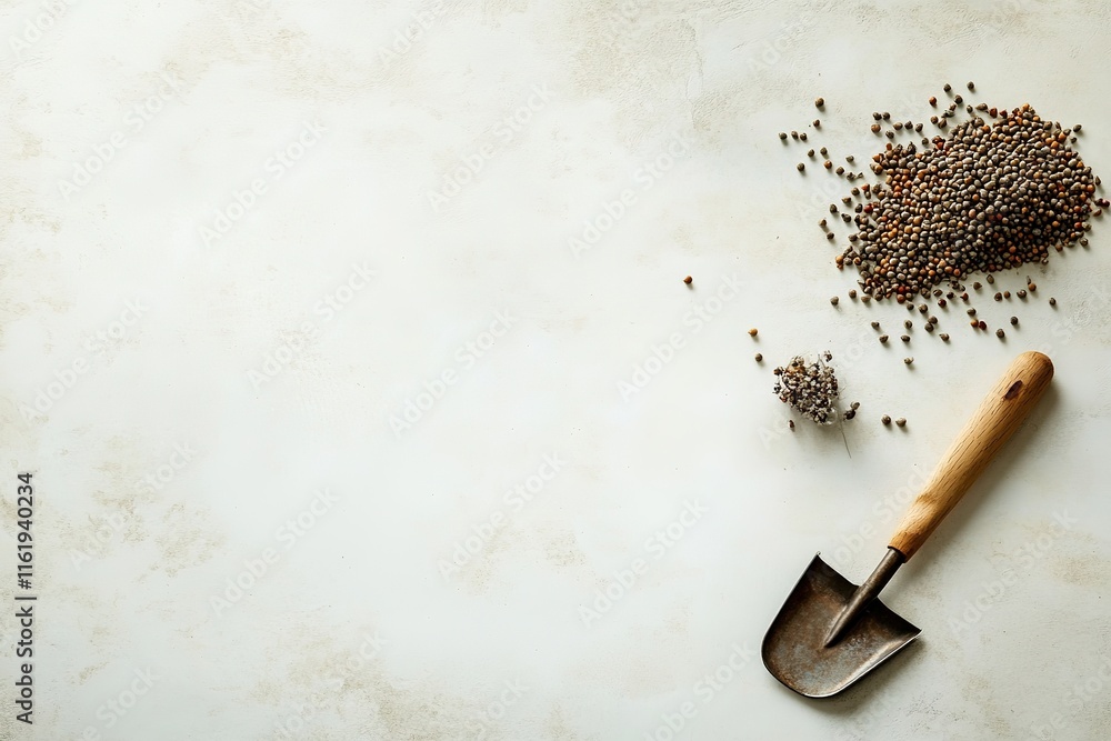 Poster collection of gardening seeds and small trowel placed on light surface surrounded by empty space cre