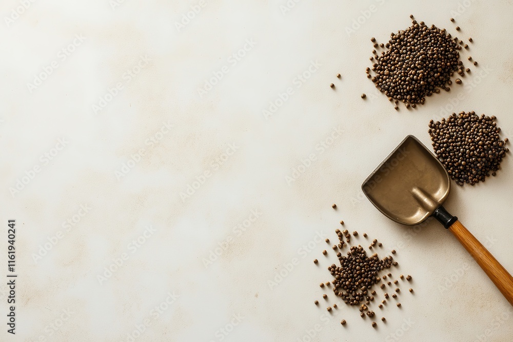 Poster collection of gardening seeds and small trowel placed on light surface surrounded by empty space cre