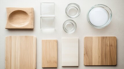 clean flat lay of eco-friendly home materials including wood and glass arranged neatly on matte surface