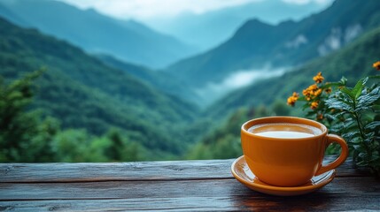 Orange cup of tea on wooden table with mountain view.