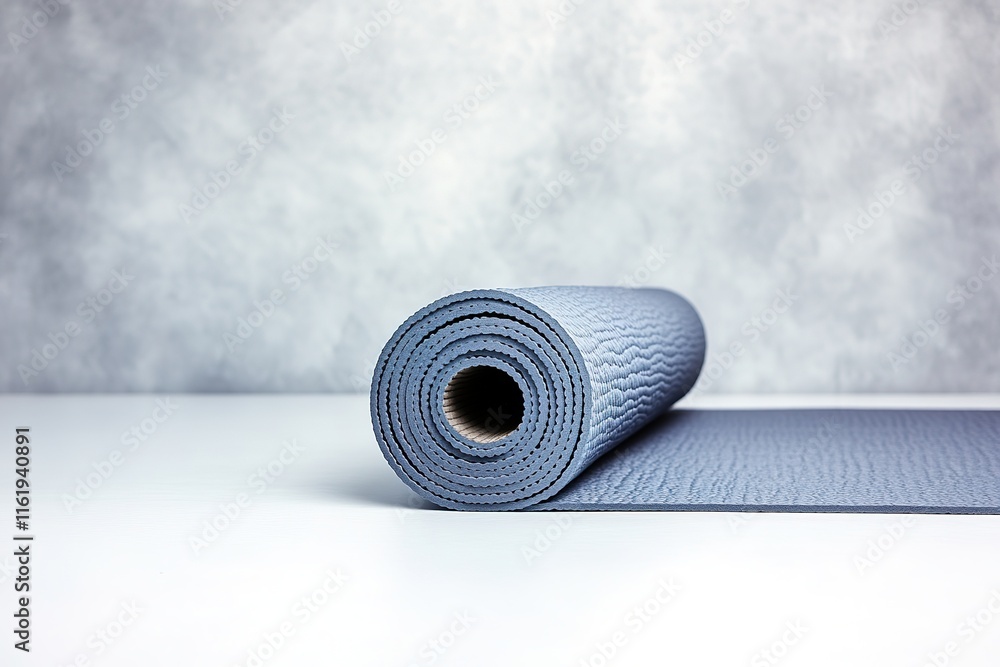 Poster rolled-up yoga mat rests on white surface with generous empty space around it