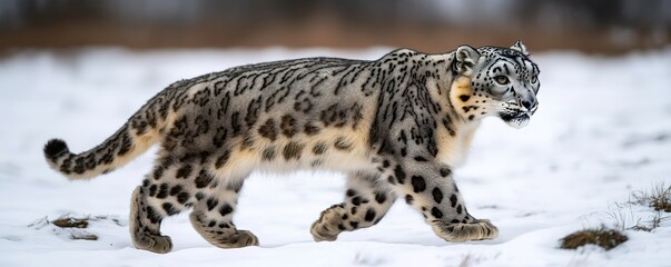 Fototapeta premium rare snow leopard walking across snowy terrain animal is sharply focused while background blurs softly leaving space