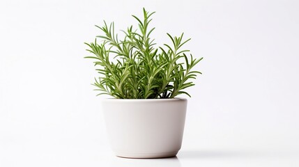 Closeup of a lush green miniature rosemary plant growing in a small potted container on a plain white background  Organic fresh herb with aromatic fragrant leaves perfect for cooking and decor