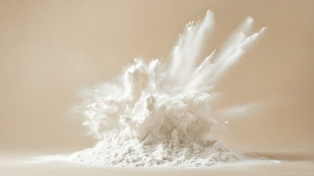 white flour exploding in motion against a beige color background