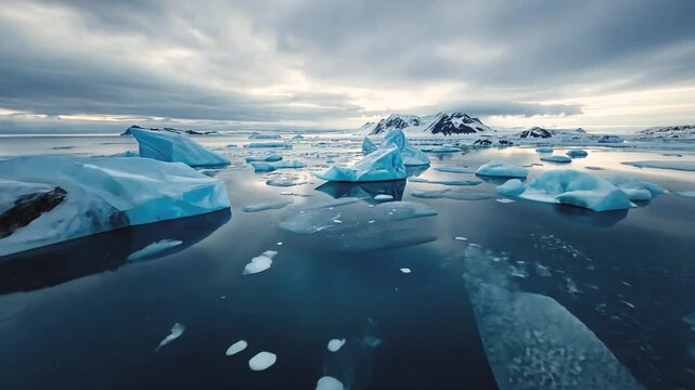 Overflight over a landscape with large icebergs floating on a calm sea under an overcast sky