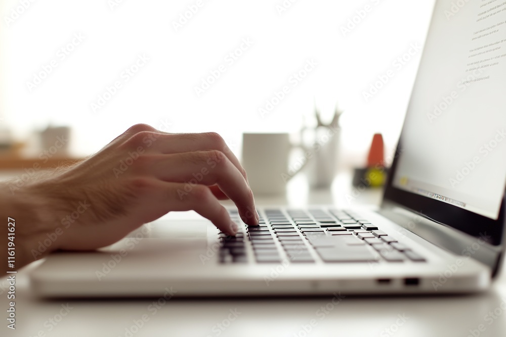 Poster close-up of hand typing on laptop keyboard minimalistic desk with few objects and cup
