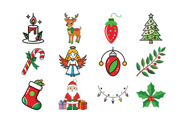 Merry Christmas Vector Colored Elements for Graphic Design, Festive Holiday Artwork.