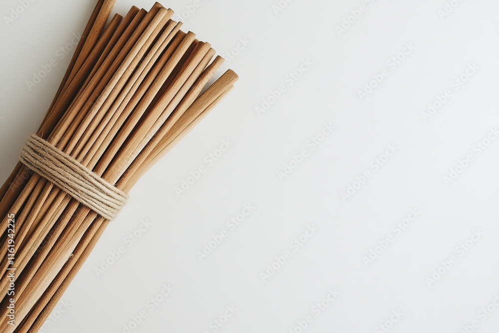 Poster bundle of wooden plant markers placed neatly on white surface with empty space to right for text