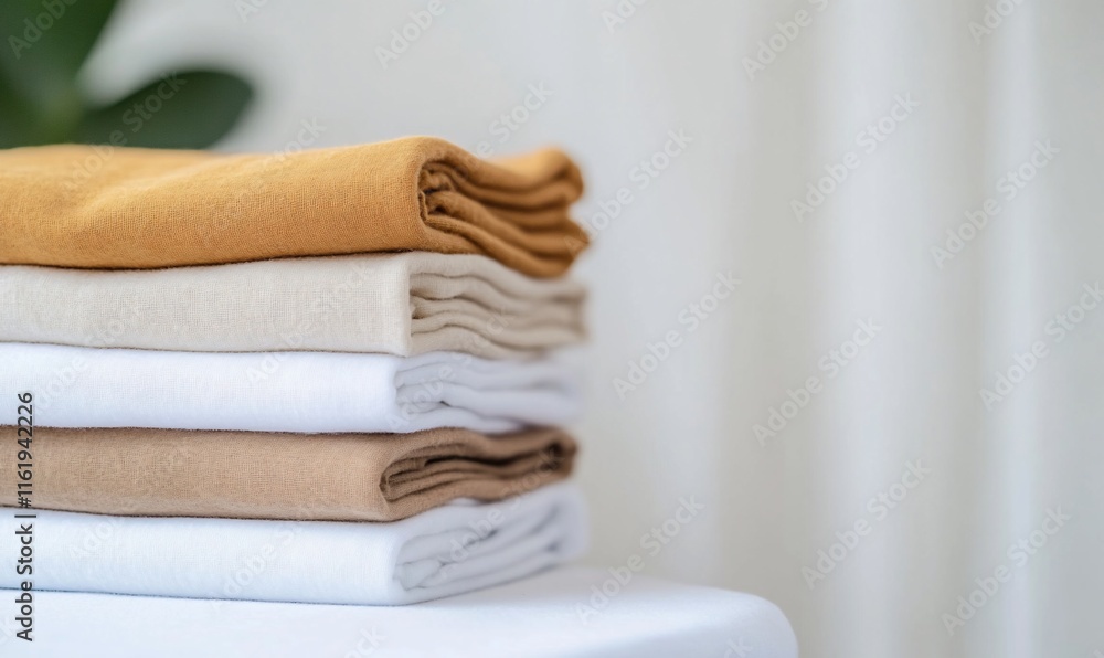 Poster a stack of neatly folded towels in neutral colors on a table.