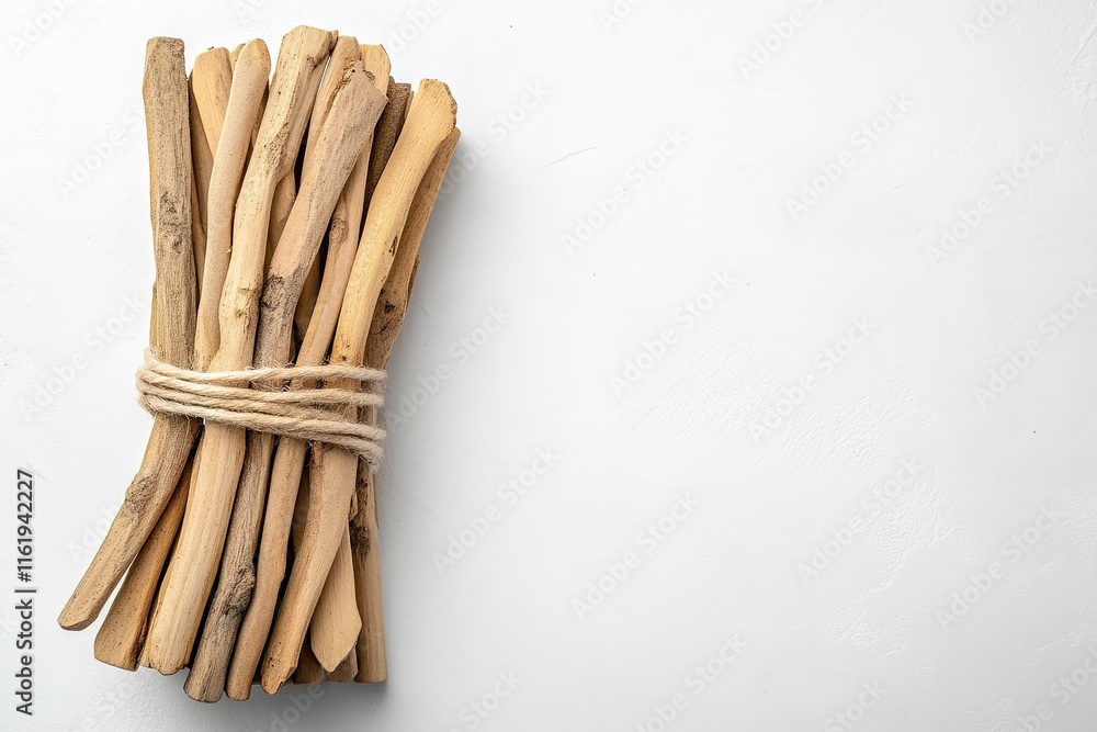 Poster bundle of wooden plant markers placed neatly on white surface with empty space to right for text