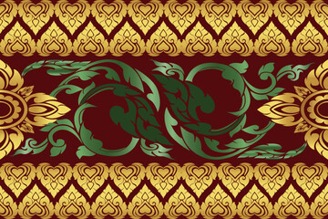 Luxurious Thai Art Design with Gold Heart-Shaped Motifs, Green Ornamental Leaves, and Floral Patterns on a Rich Maroon Background, Perfect for Traditional Decor, Textile Design, and Cultural Art Inspi