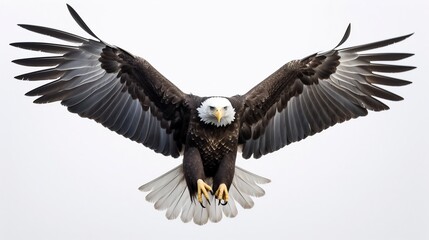 Obraz premium Magnificent Bald Eagle with Outstretched Wings Soaring Gracefully Against a Pristine White Background This Iconic American Symbol of Strength Freedom