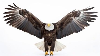 Fototapeta premium Majestic bald eagle with outstretched wings soaring against a clean white background This powerful and iconic American bird of prey is a symbol of freedom strength and national pride