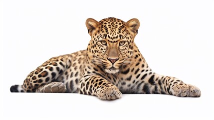 Obraz premium Majestic spotted leopard in a resting pose on a plain white background