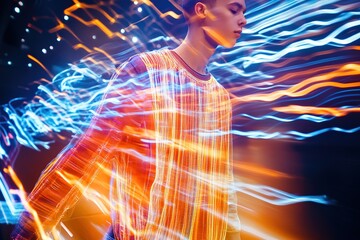 glowing holographic concept of casual style essentials projected mid-air with light trails forming dynamic patterns