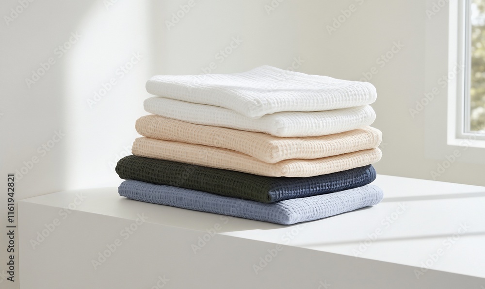 Poster a stack of colorful, textured towels on a minimalistic surface.