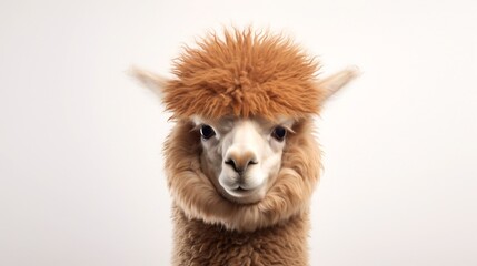 Tranquil portrait of a woolly alpaca with a gentle friendly expression against a plain white background  The camelid s soft fluffy fur and calm inviting demeanor create a serene minimalist scene