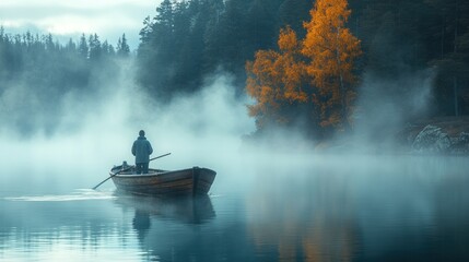 A lone figure in a boat on a misty lake, surrounded by autumn foliage and tranquil waters.