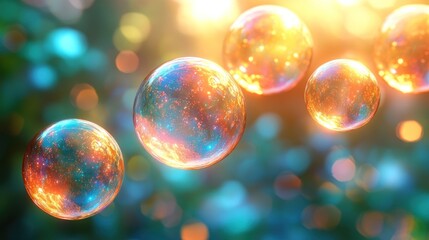 Sparkling iridescent bubbles floating in sunlight.