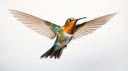 Obraz premium Stunning close up of a tiny hummingbird in mid flight its wings blurred against a clean white background capturing the graceful and dynamic essence of this exquisite avian creature