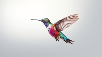 Captivating image of a tiny colorful hummingbird in mid flight its delicate wings blurred to capture the essence of its graceful agile movement against a clean serene white background