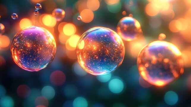 Glowing orbs with cosmic interiors float in a bokeh background.