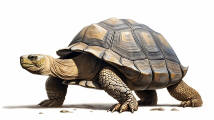 Obraz premium Majestic Giant Tortoise Slowly Wandering on Serene White Backdrop Showcasing the Reptile s Remarkable Longevity Resilience and Deliberate Movements