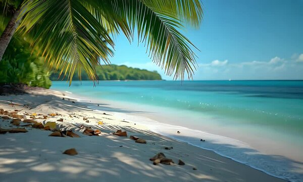 Beautiful tropical beach with palm trees, vibrant flowers, white sand, and turquoise ocean under a clear blue sky. Perfect for summer, travel, nature, and tropical paradise themes.