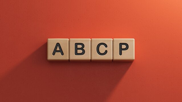 Word abcp on wooden cubes with copy space.close up of wooden elements,Business Concept.3D rendering on red background.