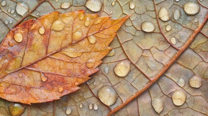 Autumn Leaf And Dew Drops On Veined Leaf Surface
