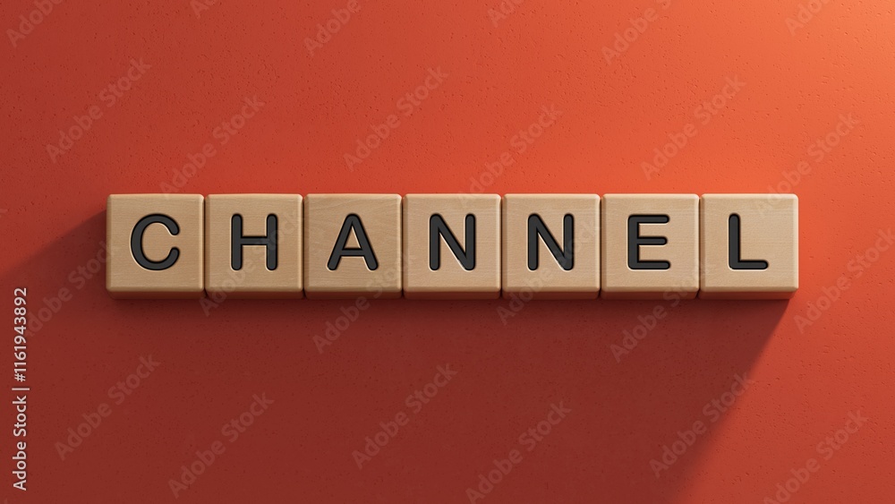 Poster word channel made with wood building blocks.close up of wooden elements,business concept.3d renderin