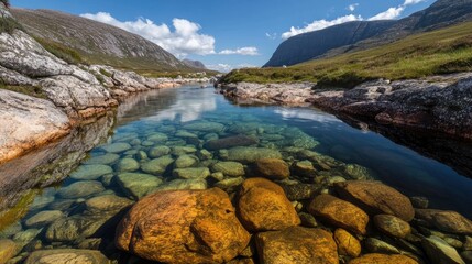 Crystal Clear River Flowing Through Rocky Mountain Valley