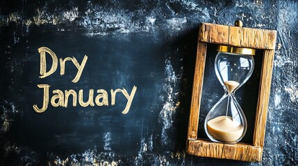 Hourglass beside "Dry January" written on a dark surface.