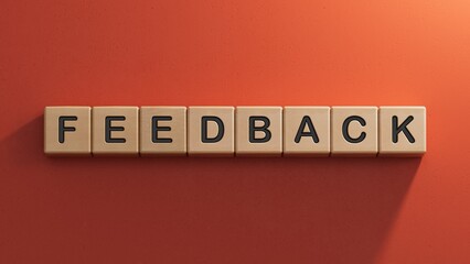 Word FEEDBACK made with wood building blocks.business concept.close up of wooden elements,Business Concept.3D rendering on red background.